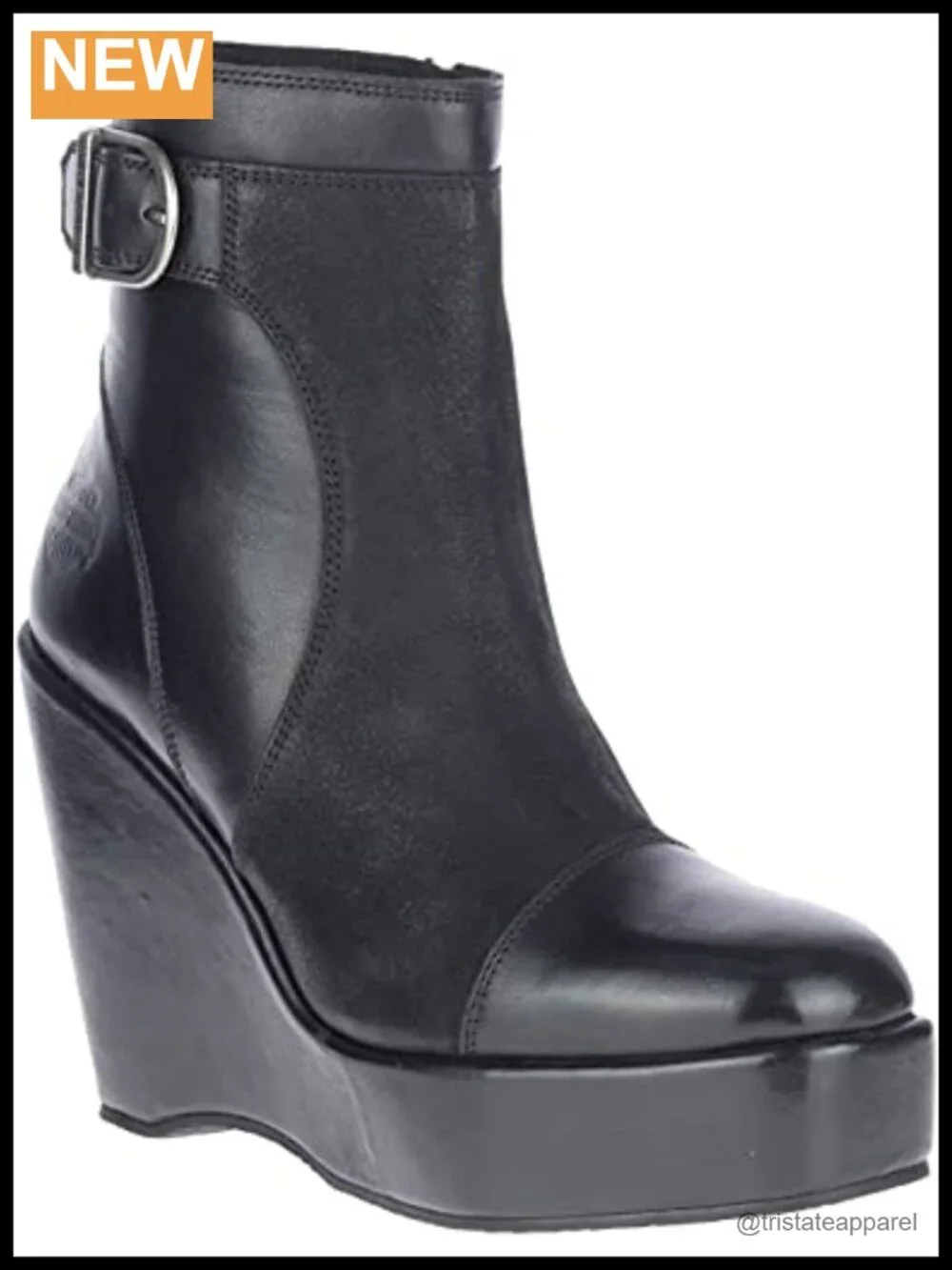Black Leather Fashion Wedge Booties Ankle High Pull-On